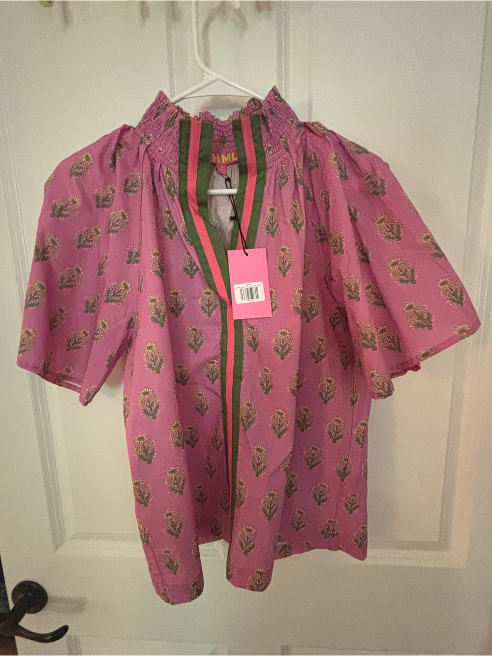THML Pink Floral Blouse with Green and Brown Stripe Trim - Picture 2 of 4